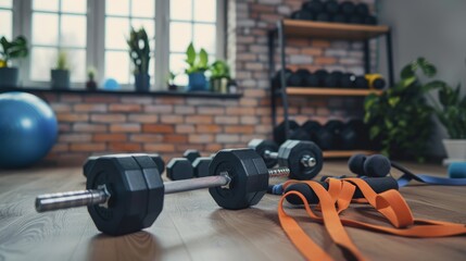 Dumbbells and Resistance Bands in Home Gym.