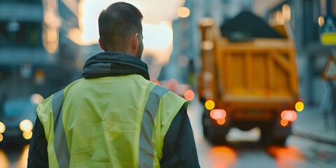 Latin American Waste Management Worker Standing by Garbage Truck in Urban Setting. Concept Waste Management, Latin American Worker, Garbage Truck, Urban Setting, Environmental Services