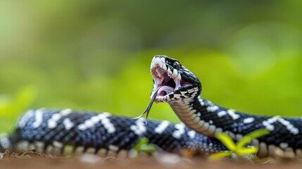 Black and White Snake with Open Mouth and Forked Tongue