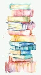 Watercolor painting of a stack of colorful books with copy space

