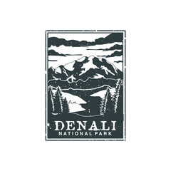 Denali national park vector illustration in stamp style.