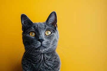 Obraz premium A captivating image of a grey cat with expressive eyes on an abstract yellow background that would be a hot wallpaper and background 