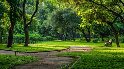 Fototapeta premium Tranquil Bench in a Lush Green Park.
