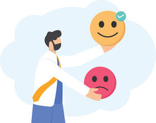 Man Giving Positive Feedback. Men are choosing customer feedback for great smiles. Customer giving rating based on experience or quality from product and service, survey, opinion and review. vector

