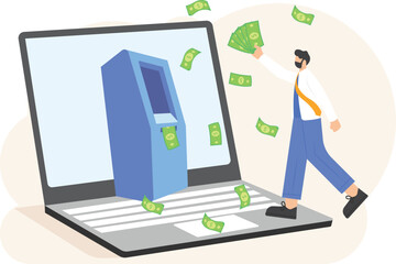 bank card, automated teller machine, getting cash. A female customer standing near an ATM. perform financial transactions using an ATM. Vector illustration.

