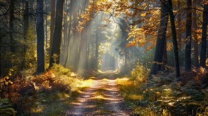 Obraz premium Sunbeams Through Autumn Forest.