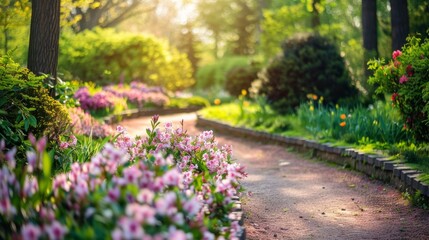 Springtime Path Through a Garden.
