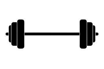 Simple black silhouette dumbbell icon with minimalist flat design for fitness, gym, exercise, weightlifting, and strength training, isolated on white background