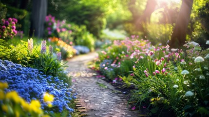 Stone Pathway Through Blooming Garden.