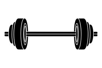 Simple black silhouette dumbbell icon with minimalist flat design for fitness, gym, exercise, weightlifting, and strength training, isolated on white background