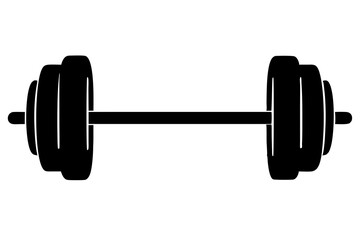 Simple black silhouette dumbbell icon with minimalist flat design for fitness, gym, exercise, weightlifting, and strength training, isolated on white background
