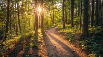 Fototapeta premium Sunbeams Through Trees on a Forest Path.