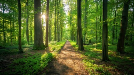 Obraz premium Sunbeams Through The Trees In The Forest.