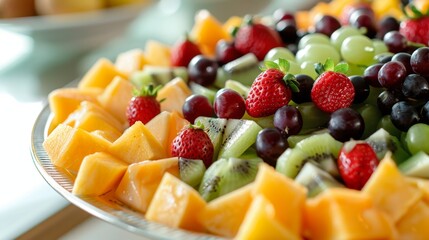Fresh Fruit Platter with Strawberries, Grapes, Kiwi, and Cantaloupe.