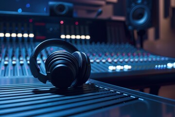 A pair of high-end headphones placed on a mixing console in a dimly lit recording studio, creating a focused and professional atmosphere