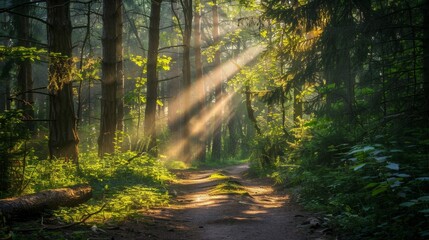 Obraz premium Sunbeams Through Forest Trees.