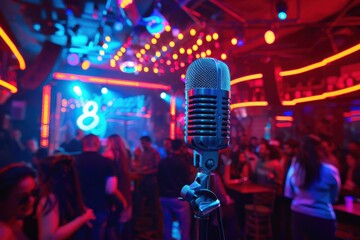 Lively karaoke bar with a microphone in the foreground and colorful lights illuminating the crowd in the background
