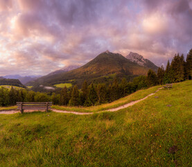 Meadow with road and bench during sunset in Berchtesgaden National Park