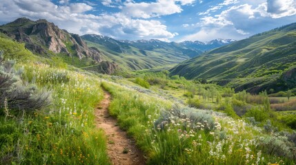 Hiking Path Through Wildflowers in a Mountain Valley.