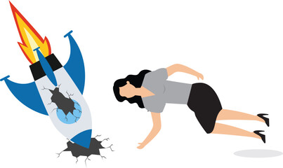 Failed and crashed business rocket startup, sad businesswoman with broken rocket illustration, business failure concept