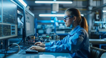 Female engineer working on computer in high-tech laboratory wearing protective gear