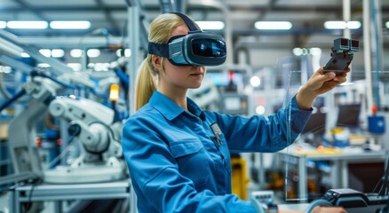 Female engineer using virtual reality in a high-tech industrial facility