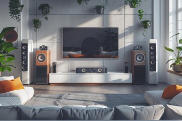 A conceptual flat design illustration of a smart home music system, with 3D-rendered speakers and control panels integrated seamlessly into a modern living room environment. The scene showcases ease