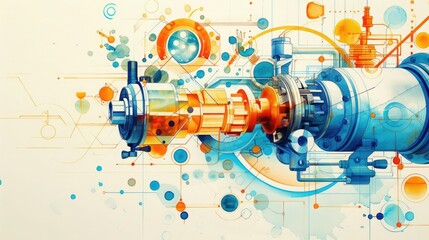 Obraz premium Abstract art featuring a mechanical engineering concept with vibrant colors, gears, and technological elements on a white background.