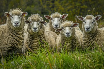 Obraz premium Five Sheep Gazing from a Grassy Field