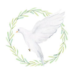 Watercolor white dove and olive branches. White birds in laurel wreath. Pigeon clip art. Hand drawn illustration isolated on background. Decorative design elements.