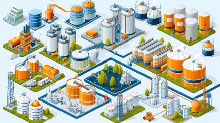 Isometric industrial complex illustration showcasing various facilities and storage tanks for modern manufacturing and production processes.