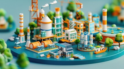 Fototapeta premium Miniature model of a futuristic industrial complex with colorful buildings, green trees, and advanced machinery on a blue circular base.
