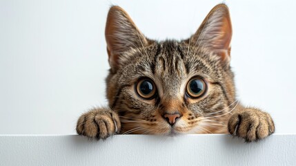 cat peeks out on a white background.