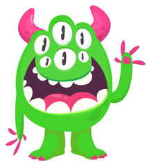 Fototapeta premium Cartoon cute monster with funny excited face expression waving hands . Vector illustration isolated on white. Halloween design