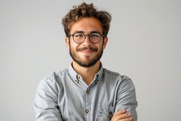 Fototapeta premium With a bright smile, this young man's image is great for an abstract concept of confidence, making it a best-seller background or wallpaper 