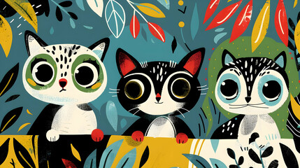 Cute Cats Illustration with Big Eyes in a Colorful Foliage
