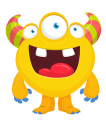 Obraz premium Cartoon cute monster with funny excited face expression waving hands . Vector illustration isolated on white. Halloween design