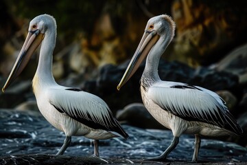 Two Pelicans Standing on a Rocky Shore