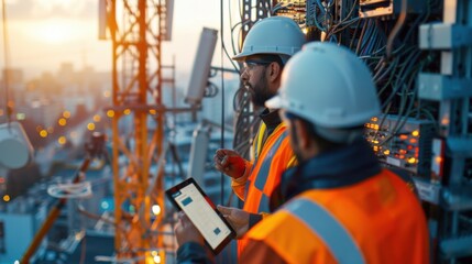 An ultra-realistic photo of engineers wearing high-visibility safety vests and hard hats, using a tablet to check technical drawings while supervising the installation of communication antennas on a