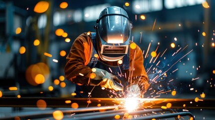 A construction worker wearing a safety helmet and protective gear, intensely focused as they use a welding torch to join metal parts together with bright sparks flying in the background, capturing