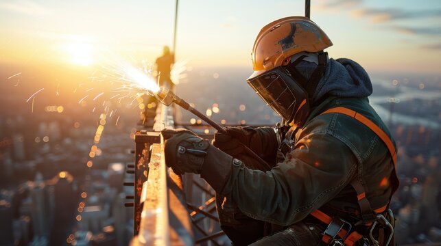 A worker in protective gear operates a blowtorch on a steel girder, with the expansive view of the city below, capturing the intensity and precision of the task