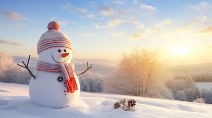 Fototapeta premium smiling magical snowman sitting in the snow outdoors wearing a wool hat and scarf with trees, mounds of snow and the sun shining from behind as background