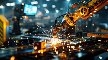 Hyper-realistic scene of a factory workshop in darkness, sparks flying from a robotic welding arm, only equipment lights and screens providing minimal illumination