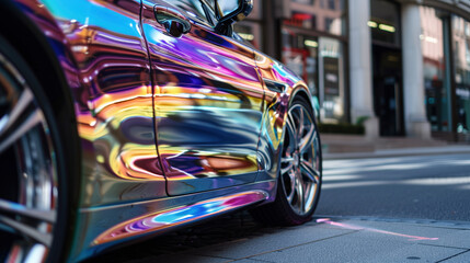 Close-Up View of Holographic Chromium Plating on Car Paint