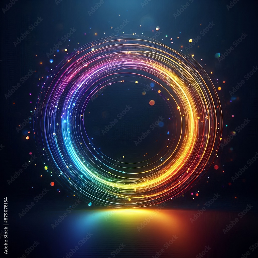 Wall mural swirling circles of light in a bright rainbow pattern create a dynamic abstract space isolated black