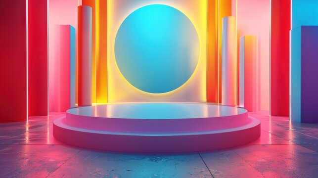 A 3D-rendered flat design podium set against a futuristic abstract backdrop. The podium, with its clean lines and bold colors, exudes professionalism and innovation, perfect for presentations or