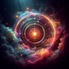 Obraz premium Swirling circles of light in a bright rainbow pattern create a dynamic abstract space isolated black background