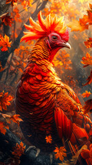 Fototapeta premium Vibrant Rooster with Red Feathers Amidst Autumn Leaves in a Thanksgiving-Themed Forest Setting During Sunset