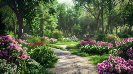Magical Forest Path with Blooming Flowers.
