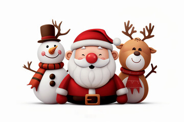 Festive holiday scene featuring Santa Claus, a friendly snowman, and a cute reindeer in a cheerful Christmas celebration.